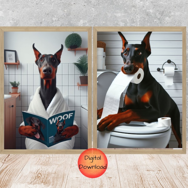 DOBERMAN Funny Dog Toilet Art Print, Doberman Pinscher Bathroom Art Set of 2, Bathroom Humor Printable, Whimsy Animal Poster, Dog Lover Gift