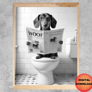 DACHSHUND Bathroom Wall Art, Black and White Wiener Dog Print, Doxie On Toilet Poster, Whimsical Dackel Lover Print, Dog Mom Gift, DOWNLOAD