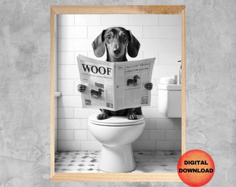 DACHSHUND Bathroom Wall Art, Black and White Wiener Dog Print, Doxie On Toilet Poster, Whimsical Dackel Lover Print, Dog Mom Gift, DOWNLOAD