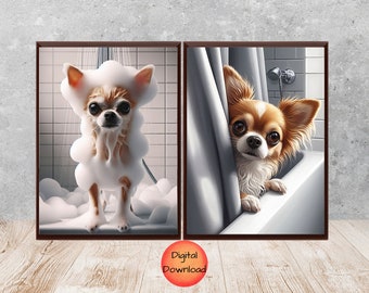 Chihuahua Bathroom Wall Art Set of 2, Chihuahua Bath Print, Dog In Shower Printable, Chihuahua Dog Lover Gift for Mom or Dad, DOWNLOAD