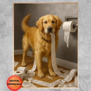 Golden Retriever Bathroom Print, Funny Retriever Toilet Paper Wall Art, Whimsy Gift for Dog Lovers, Kids Bathroom Humor Artwork, DOWNLOAD