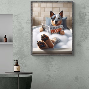 May include: A blue and white Australian Shepherd dog relaxes in a white bathtub filled with bubbles, reading a magazine titled "The OJ Half Woode".