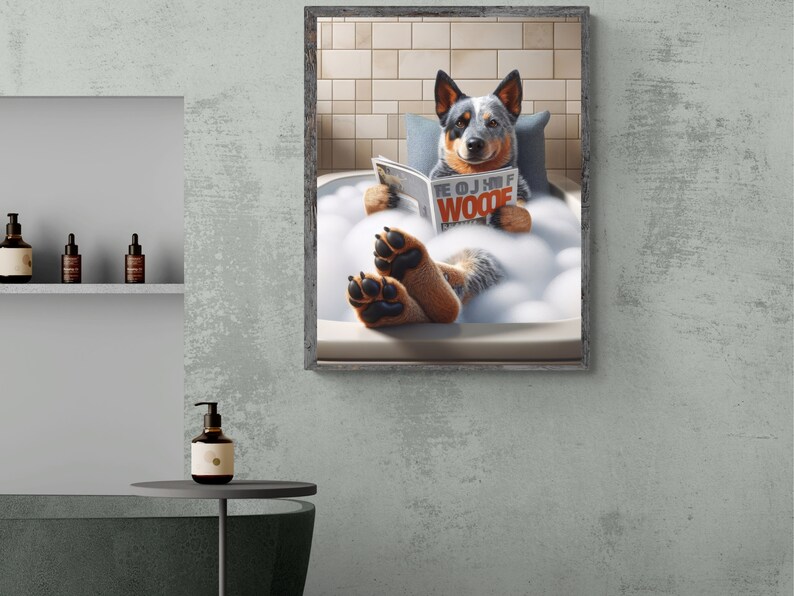 May include: A blue and white Australian Shepherd dog relaxes in a white bathtub filled with bubbles, reading a magazine titled "The OJ Half Woode".