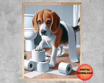 Beagle Bathroom Print, Funny Beagle Wall Art, Dog Toilet Paper Print, Whimsy Gift Idea for Beagle Lovers, Dog Humor Artwork, DOWNLOADABLE