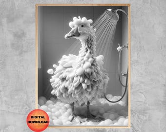 Black and White Goose Bathroom Wall Art, Silly Goose In Shower Poster, Printable Gift for Goose Lover, Animal Humor Bathroom Decor, DOWNLOAD
