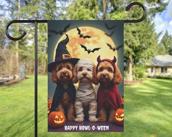 Fall Halloween Cockapoo Garden Flag, Autumn Cavapoo Halloween Yard Flag, Doodle Dog Costumes Halloween Flag, Happy Halloween Decor Flag