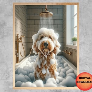 Goldendoodle Bathroom Print, Funny Goldendoodle Shower Wall Art, Whimsy Gift for Goldendoodle Lovers, Pet Humor In Bath Poster, DOWNLOADABLE