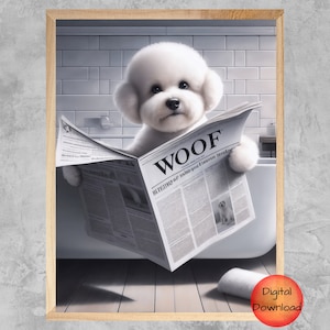 BICHON Funny Bathroom Wall Art, Bichon Frise Bathtub Reading Newspaper, Whimsical Animal Art Printable, Bath Time Art, Bichon Dog Mom Gift