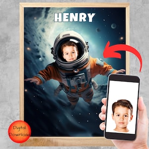 Personalized Astronaut Portrait with Name, DIY Christmas Gift For Astronaut Lover, Custom Print From Photo, Last Minute Gift, Space Poster