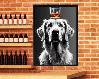 May include: Black and white illustration of a golden retriever with a glass of whiskey on its head. The dog is looking directly at the viewer.