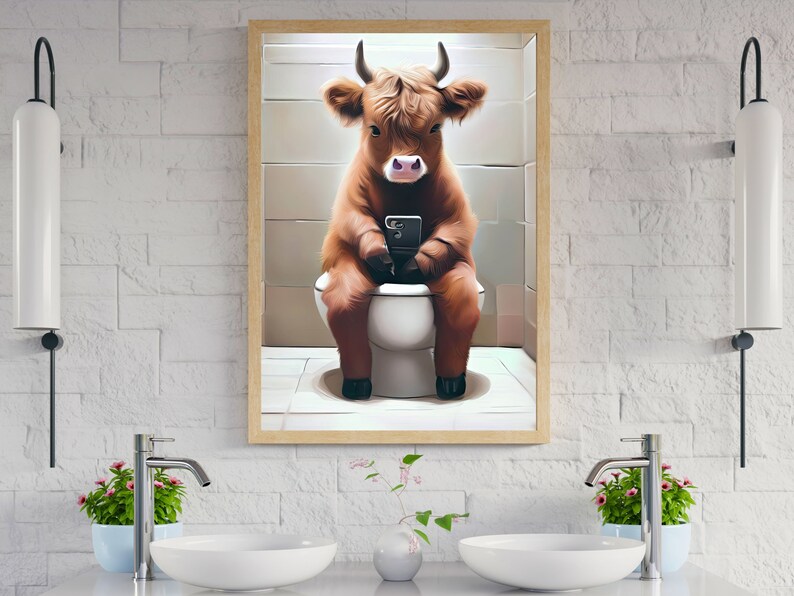 Highland Cow Toilet Wall Art, Whimsical Highland Cow on Toilet, Funny ...