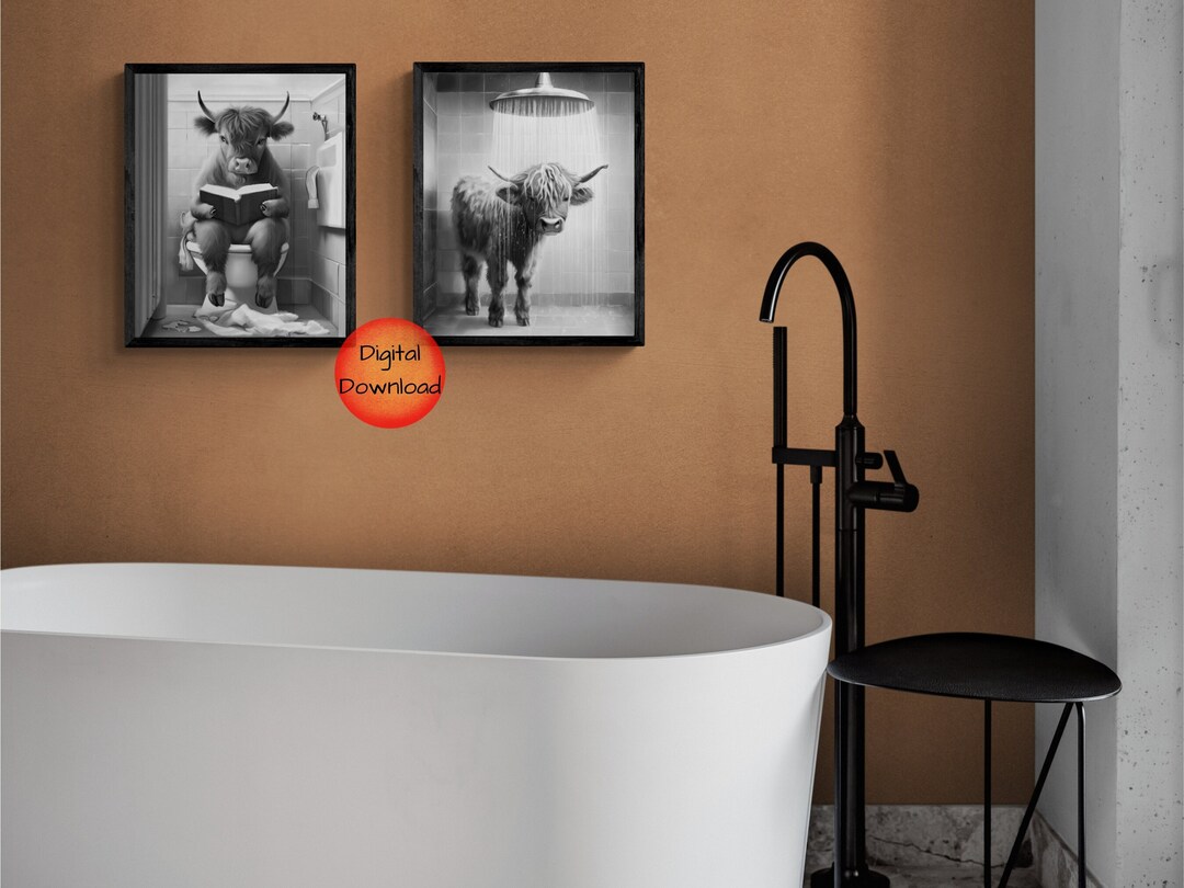 Highland Cow Bathroom Art, Funny Cow on Toilet and in Shower, Black and ...