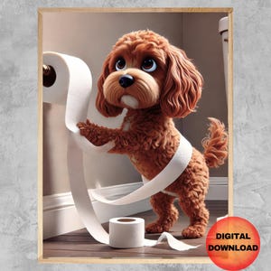May include: A brown and white dog with curly fur is standing on a white tiled floor. The dog is holding a roll of toilet paper in its paws. The dog is looking at the camera.