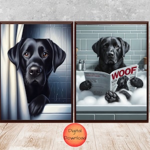 Lot de 2 oeuvres d&#39;art mural LABRADOR noir, impression de baignoire Labrador drôle, affiche de chien l&#39;heure du bain pour enfants, cadeau fantaisiste pour maman amateur de Labrador, téléchargement