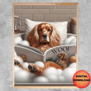Puede incluir: Un perro marrón y blanco se relaja en un baño de burbujas, leyendo una revista llamada "WOOF" con la palabra "Deuph" visible en la página. El perro lleva una toalla blanca y está rodeado de burbujas.