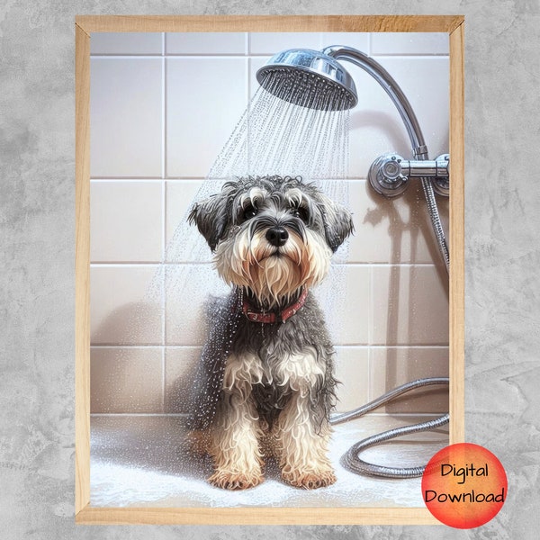 Mini Schnauzer Funny Bathroom Print, Miniature Schnauzer Taking Shower Poster, Schnauzer Mom Gift, Pet Bathroom Humor Printable, Dog in Loo