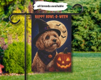 Fall Halloween Cockapoo Garden Flag, Autumn Apricot Cavapoo Lovers Yard Flag, Doodle Dog Witch Costume, Happy Halloween Outdoor Dog Banner
