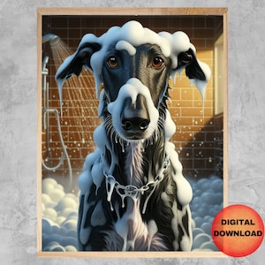 Black Greyhound in Shower Wall Art, Funny Dog Bathtub Poster, Greyhound Kids Bathroom Print, Whimsical Dog Lover Mom Dad Gift, DOWNLOADABLE