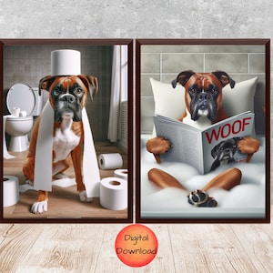BOXER Bathroom Set of 2 Prints, Dog in Bath, Funny Toilet Paper Dog Art, Boxer Lover Gift Idea, Downstairs Toilet Pet Wall Art, DOWNLOADABLE