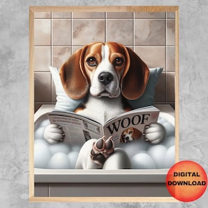 BEAGLE Funny Bathroom Wall Art, Whimsy Beagle In Bathtub Print, Dog Bath Time, Beagle Lover Gift, Toilet Art, Beagle Dog Mom, DOWNLOADABLE
