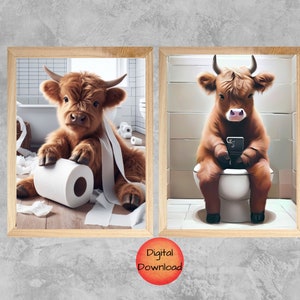 Highland Cow Funny Toilet Art, Bathroom Humor Wall Prints, Whimsy Gift for Highland Cow Lovers, Downloadable Cow on Phone, Toilet Paper Cow