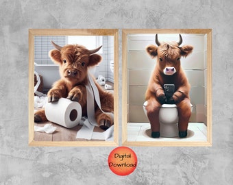Highland Cow Funny Toilet Art, Bathroom Humor Wall Prints, Whimsy Gift for Highland Cow Lovers, Downloadable Cow on Phone, Toilet Paper Cow