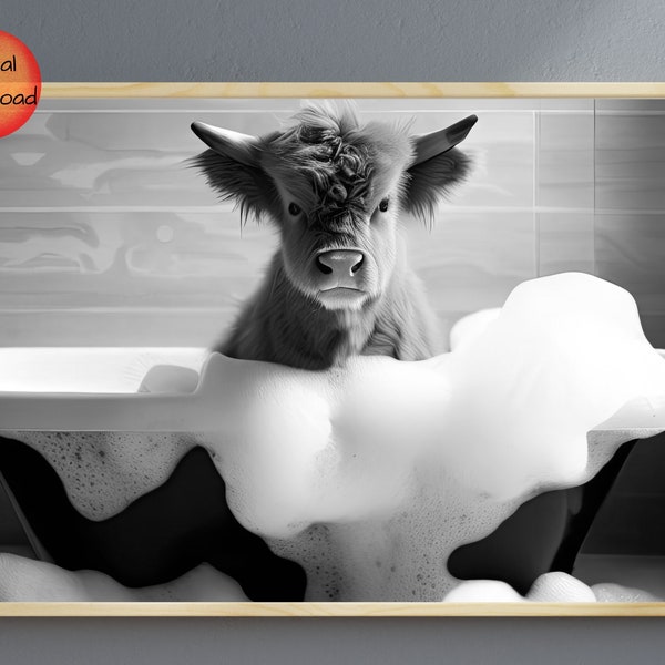 Baby Highland Cow Bathtub Print, Whimsical Bathroom Wall Art, Funny Animal Lover Gift, Cow Taking Bath, Fun Kids Bathroom, Digital Download