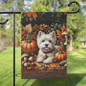 May include: A white West Highland Terrier dog sits in a fall scene with pumpkins, mushrooms, acorns, and leaves. The dog is wearing a brown collar with a bell.