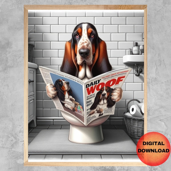 BASSET HOUND Toilet Wall Art, Basset Hound Bathroom Poster, Funny Pet Dog Bathroom Picture, Whimsy Animal Poster, Dog Lover Gift, DOWNLOAD