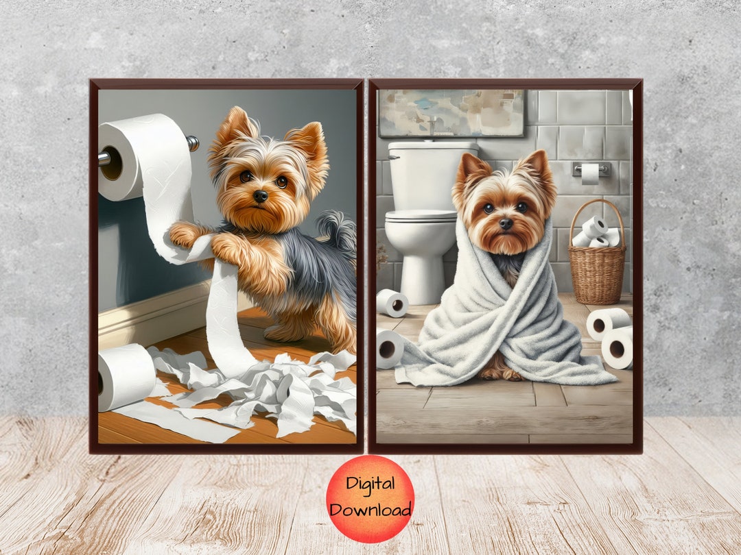 Yorkie Bathroom Wall Art Set of 2, Funny Yorkshire Terrier Toilet Art, Pet Yorkie in Bath Poster ...