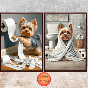 Set di 2 decorazioni da parete per il bagno con Yorkshire Terrier, divertente decorazione da bagno con Yorkshire Terrier, poster con Yorkshire Terrier in bagno, idea regalo originale per mamme di cani, SCARICABILE