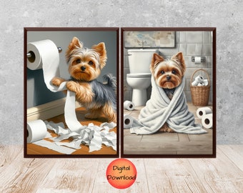 May include: Two digital art prints featuring a Yorkshire Terrier dog. In the first print, the dog is standing on a wooden floor and pulling toilet paper from a roll. In the second print, the dog is sitting on a bathroom floor wrapped in a white towel.