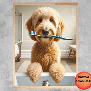 GOLDENDOODLE Bathroom Wall Art, Funny Doodle Dog Brushing Teeth, Goldendoodle Toilet Humor, Dog Loo Picture, Doodle Dog Mom Gift, DOWNLOAD