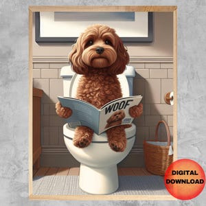 Puede incluir: Impresión digital enmarcada de un perro marrón sentado en un inodoro y leyendo una revista con la palabra "WOOF" en la portada. El perro está en un baño con una cesta y una imagen enmarcada.