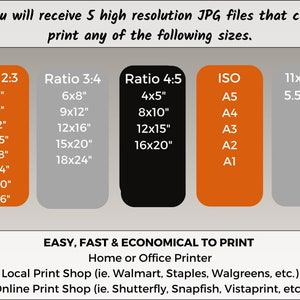 May include: A chart showing different print sizes for photos. The chart is divided into five columns: Ratio 2:3, Ratio 3:4, Ratio 4:5, ISO, and 11x14". Each column lists different print sizes in inches. The chart is labeled "EASY, FAST & ECONOMICAL TO PRINT" and includes information about printing options, such as home or office printers, local print shops, and online print shops.