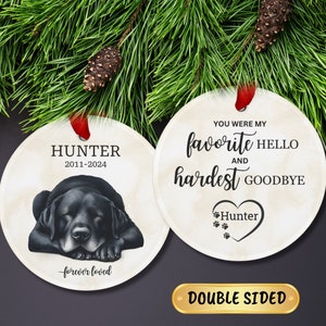 May include: Double-sided Christmas ornament featuring a black Labrador Retriever sleeping on one side and the text "You were my favorite hello and hardest goodbye" with the name "Hunter" in a heart on the other side.