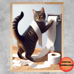 Kat badkamer kunst aan de muur, grappige TABBY CAT toilet afdrukbare, kat met toiletpapier, cadeau-idee voor kattenliefhebbers, huisdier kat humor print, DOWNLOADABLE