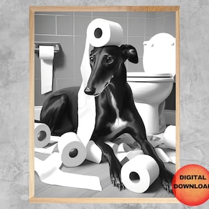 Black Greyhound Bathroom Wall Art, Funny Dog Toilet Printable, Kids Greyhound Toilet Paper Animal Print, Whimsy Dog Lover Gift, DOWNLOADABLE