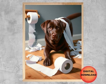 Lámina para baño con diseño de labrador chocolate, divertida ilustración de labrador en el baño, regalo original para amantes de los perros, lámina con humor sobre mascotas, póster de perro, DESCARGABLE