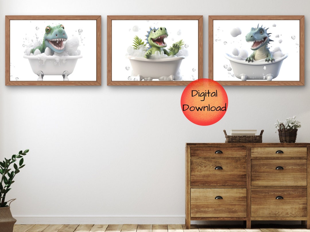 Dinosaur Bathroom PRINTABLE Kids Art, Stegosaurus Triceratops T-rex in ...