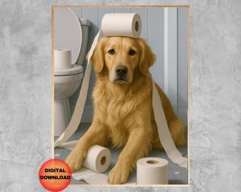 May include: A digital download print featuring a Golden Retriever in a bathroom setting. The dog is surrounded by toilet paper rolls, with one on its head and paper trailing down. The artwork is framed.
