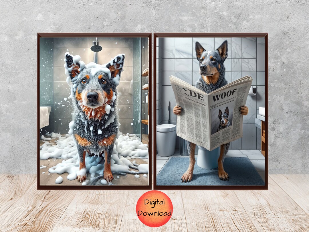 BLUE HEELER Bathroom Set of 2, Sitting on Toilet Reading, Dog in Shower ...