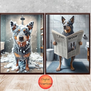 Set da bagno BLUE HEELER da 2, seduto sul water a leggere, cane sotto la doccia, arte divertente con un cane da pastore australiano, regalo per mamma e papà, SCARICA