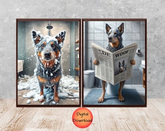 BLUE HEELER Bathroom Set of 2, Sitting On Toilet Reading, Dog In Shower, Australian Cattle Dog Funny Animal Art, Dog Mom Dad Gift, DOWNLOAD