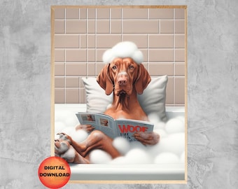 Vizsla Bathroom Wall Art, Vizsla Kids Bathroom Pet Portrait, Funny Dog In Bathtub Printable, Vizsla Bath Decor, Dog Lover Gift, DOWNLOAD