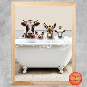 Farm Animals Bathroom PRINTABLE Wall Art, Cow Pig Donkey Goat Chick in Bubble Bath, Whimsy Nursery Print, Kids Bathtub Art, Instant Download