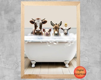 Farm Animals Bathroom PRINTABLE Wall Art, Cow Pig Donkey Goat Chick in Bubble Bath, Whimsy Nursery Print, Kids Bathtub Art, Instant Download
