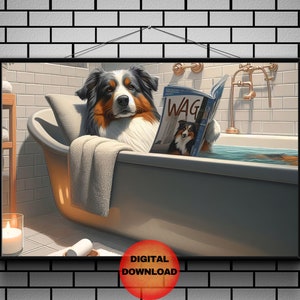 Può includere: Un cane marrone e bianco con il naso nero si rilassa in una vasca da bagno. Il cane sta leggendo una rivista chiamata "Wag" con una foto di un cane più piccolo sulla copertina. Il cane si trova in un bagno con piastrelle bianche e un rubinetto di rame.