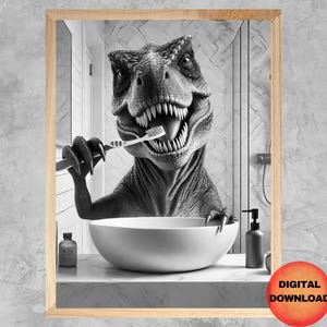 TREX Brushing Teeth Wall Art, Funny Kids Dino Bathroom Print, Black and White Dinosaur Themed Toilet Humor Art, T-Rex Loo Picture, DOWNLOAD