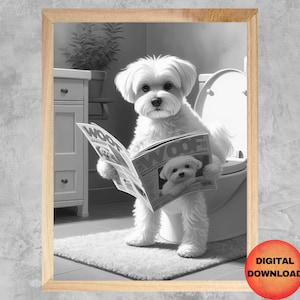 Maltese Dog On Toilet Black and White Print, Funny Maltese Bathroom Wall Art, Kids Whimsy Animal Poster, Maltese Dog Mom Gift, DOWNLOAD